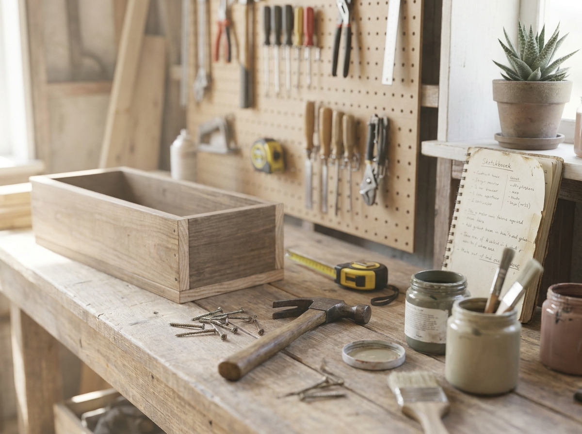 A sunlit workshop bench with tools, wood, and paint supplies