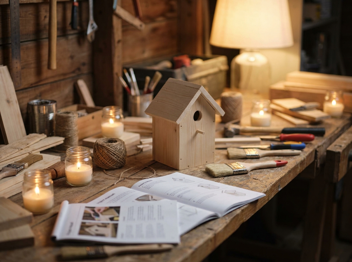 A cozy workshop with a birdhouse, candles, tools, and an open instruction book