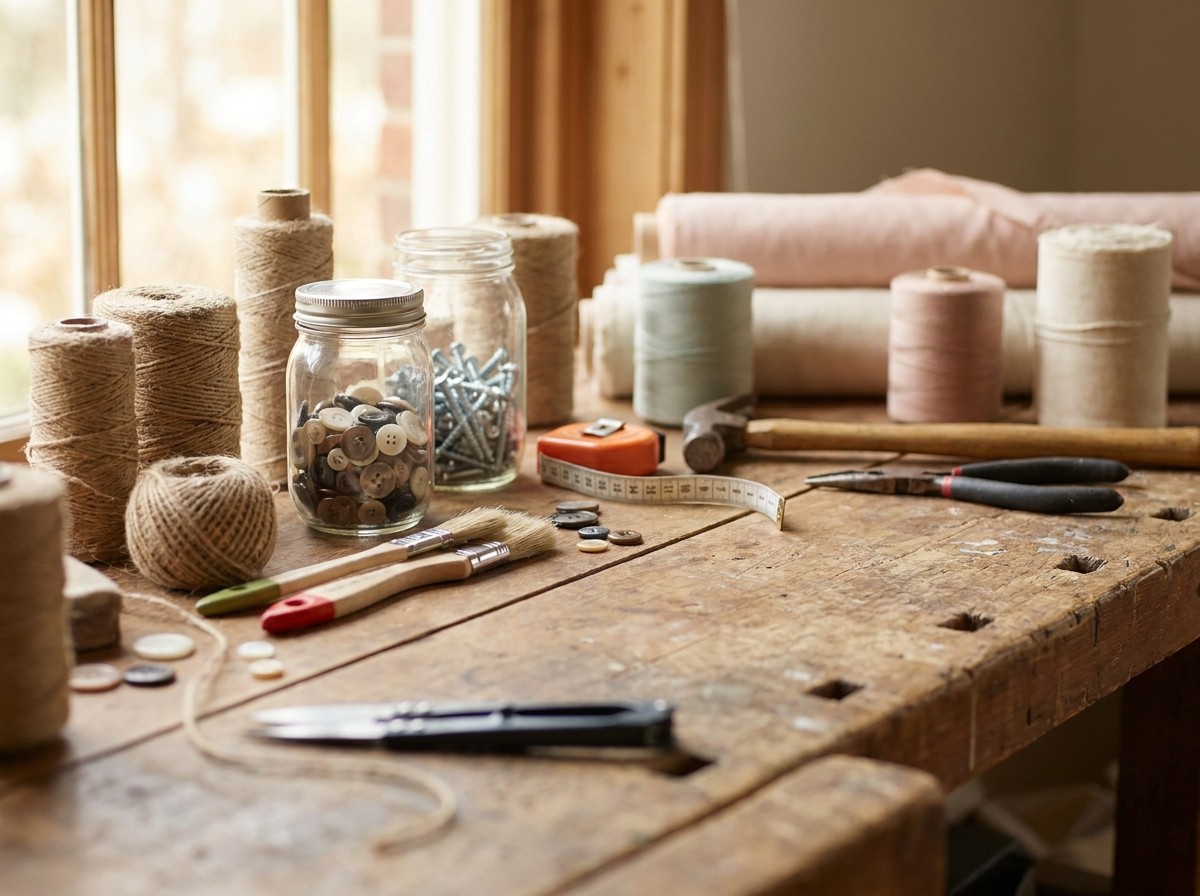 A wooden workbench with sewing supplies, twine, buttons, tools, and fabric